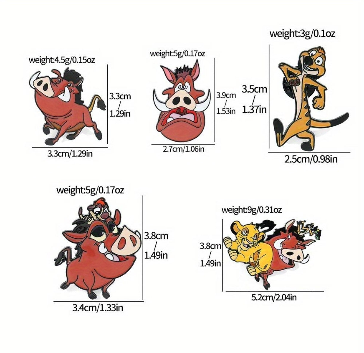 Pins Broches Alfileres Insignias de Metal Para Ropa de Timon y Pumba Rey Leon 5uds.