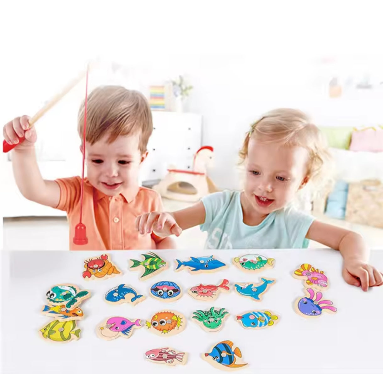 Juego de Pesca Milagrosa 2 Cañas Magneticas de Madera y 31 Peces