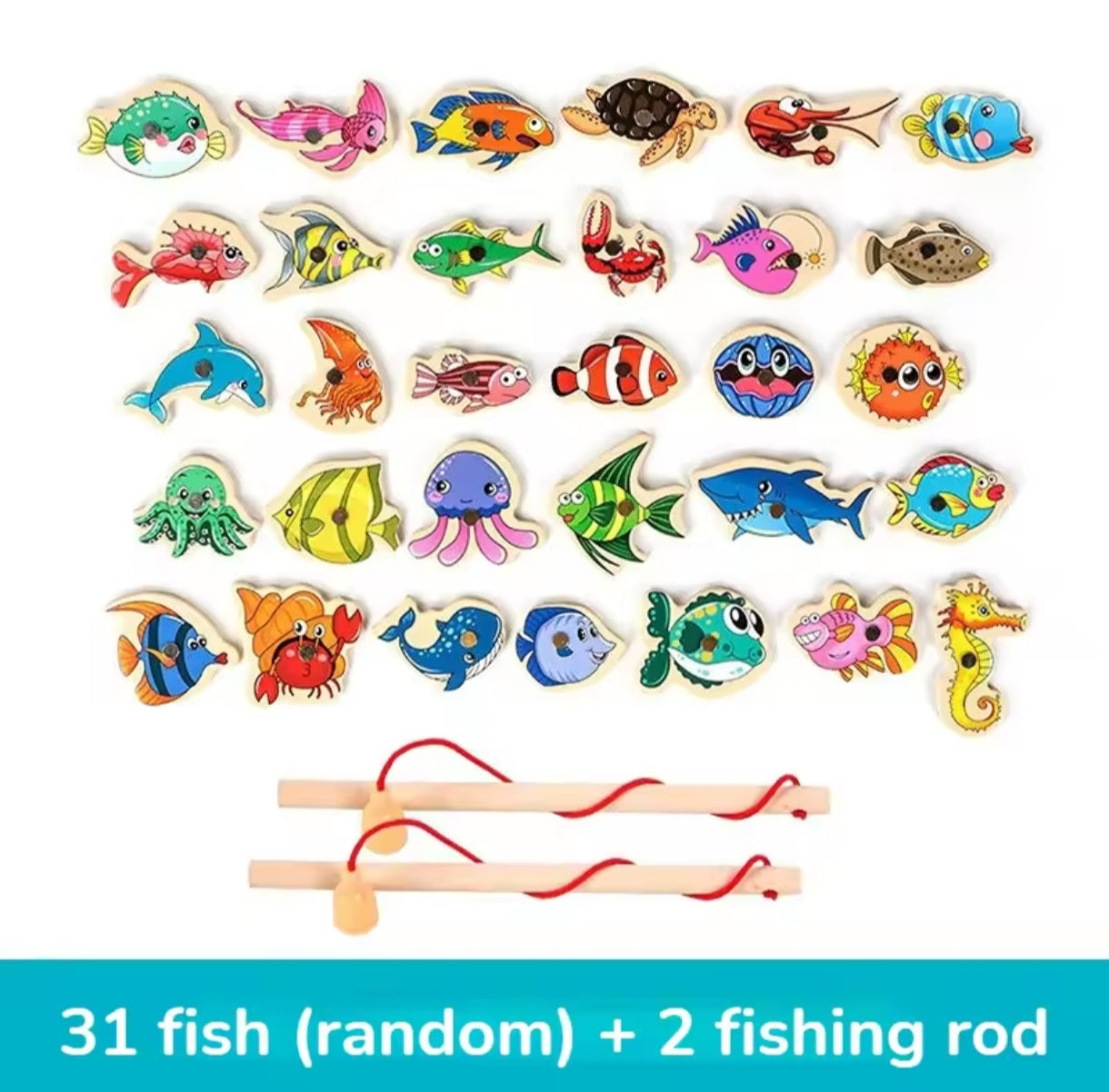 Juego de Pesca Milagrosa 2 Cañas Magneticas de Madera y 31 Peces