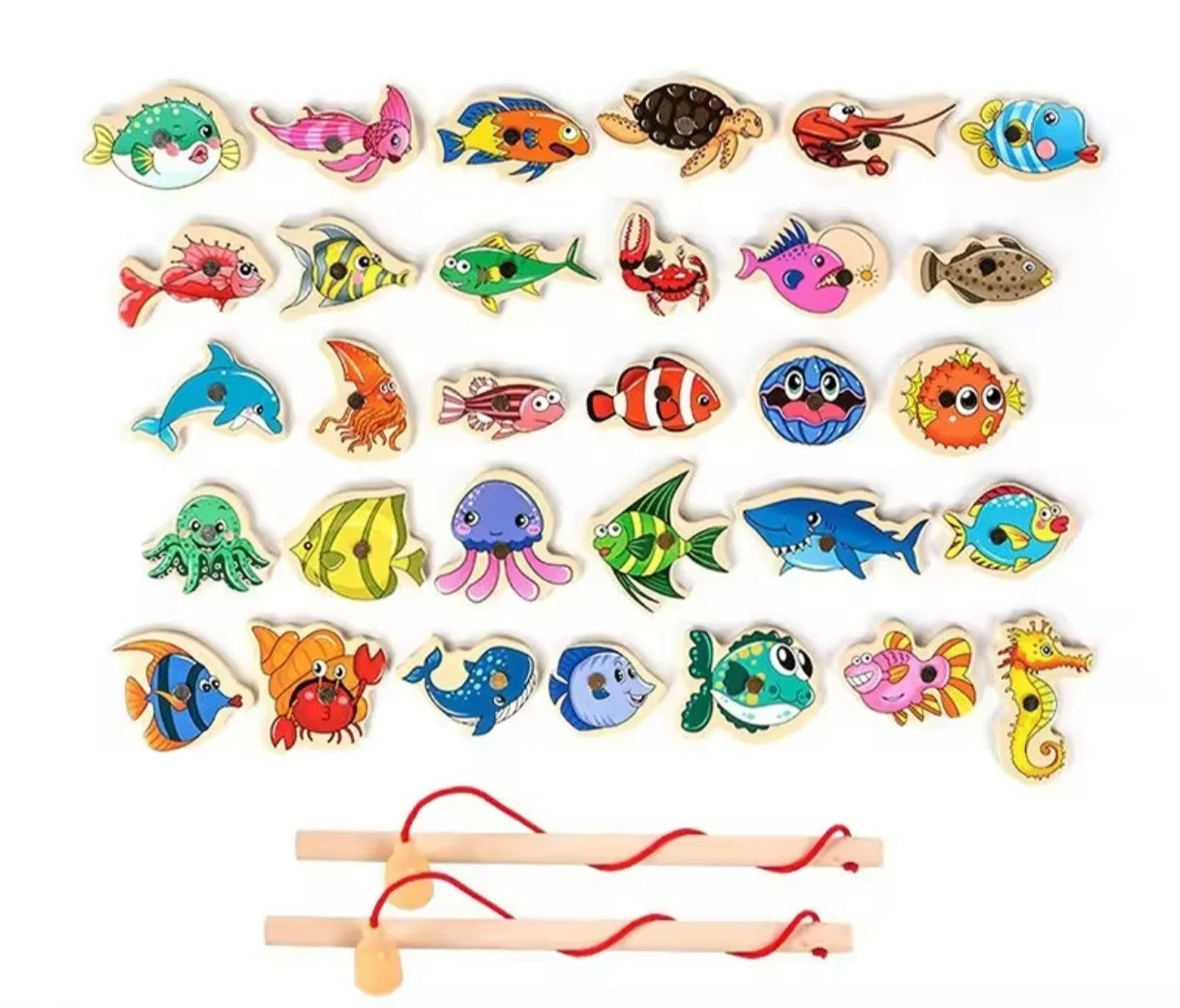 Juego de Pesca Milagrosa 2 Cañas Magneticas de Madera y 31 Peces