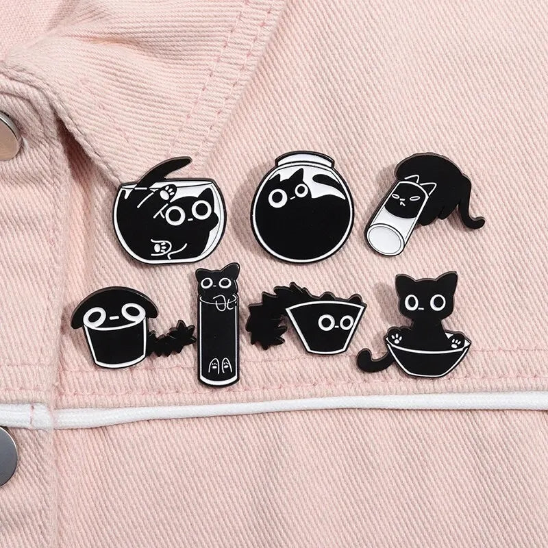 Pins Broches Alfileres Insignias de Metal Para Ropa de Gatos Negros 7uds.